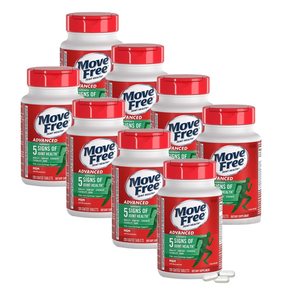 Przenieś Free Advanced Glucozamine Chondroitin MSM Joint Support Support Supports Mobilność, Komfort, Siła, Elastyczność & Kości, 120 Tablets / 40 Servings (8 Pack)