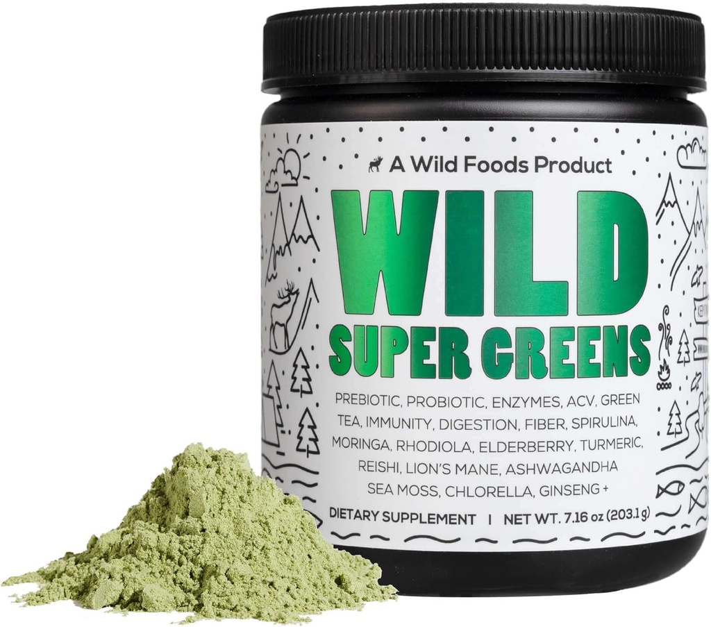 Wild Foods Surowy Super Zielone Proszek Codzienne Sok Drink z Probiotyki i Enzym Mieszanka - Whole Food Sourced, 46 Składniki odżywcze oparte na plantacji, Non-GMO, Spirulina, Chlorella, Wheatgrass (30 Słupy)
