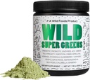 Wild Foods Surowy Super Zielone Proszek Codzienne Sok Drink z Probiotyki i Enzym Mieszanka - Whole Food Sourced, 46 Składniki odżywcze oparte na plantacji, Non-GMO, Spirulina, Chlorella, Wheatgrass (30 Słupy)