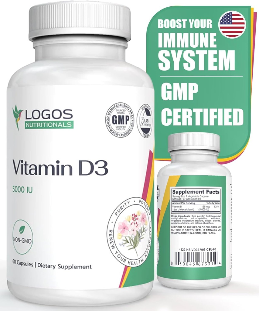 Suplement Witaminy D3 - Witamina D- 5000 IU - Wsparcie Zdrowe Kości, Zęby, Mięśnie, Kardiochirurgia, i Immune Function - Dair-Free, Soy- 60 Kapsułki