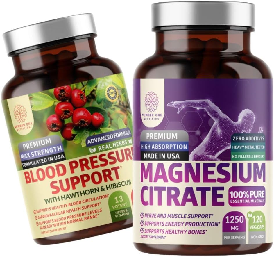 Numer 1 Żywienie N1N Premium Cytrynian magnezu [1250mg] i Support Blood Pressure [13 Mocne składniki z Hawthorn & Hibiscus], 2 Pack Bundle