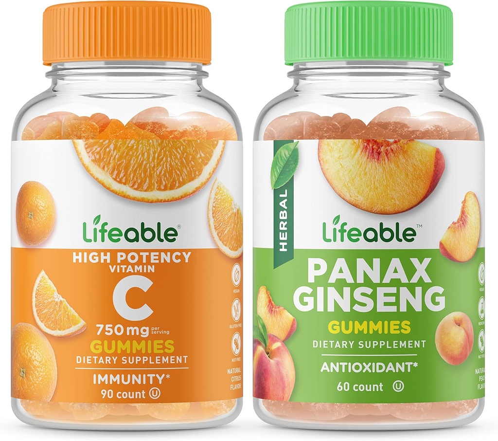 Żywa witamina C 750mg + Panax Ginseng, Gummies Bundle - Great Desting, Suplement witaminy, Gluten Free, GMO Free, Gummy do żucia