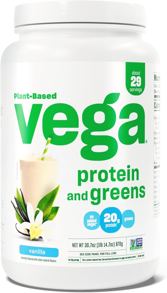 Vega Protein and Greens Protein Powder, Vanilla - 20g roślin Białko Plus warzywa, Wegan, Nie GMO, Pea Protein for Women and Men, 1.9lbs