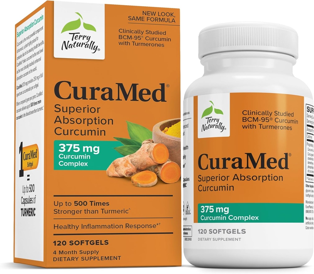 Terry Natural CuraMed 375mg - Suplement przeciwutleniający do wsparcia zdrowia mózgu i immunologicznego - Suplement dietetyczny z Curcumin & Turmeric Esential Oil - Herbal Liver Support - 120 Softgels