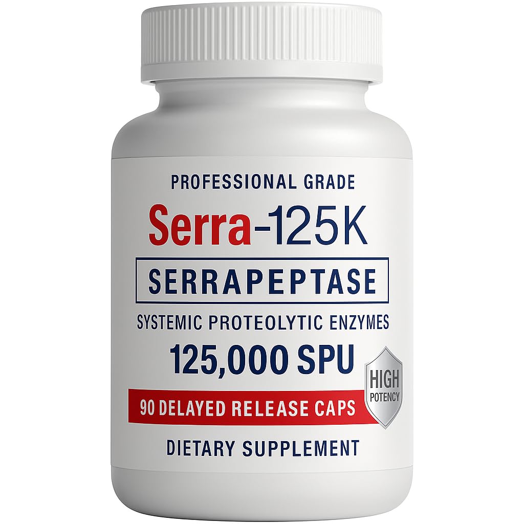 Serra- 125k Dodatkowa siła Serrapeptaza 125 000 SPU, 90 Kapsułek wegańskich, Opóźnione uwolnienie, Enzymy Systemowe, Wspomaga zdrowe zatoki i zdrowy system immunologiczny, Non-GMO i All- Natural