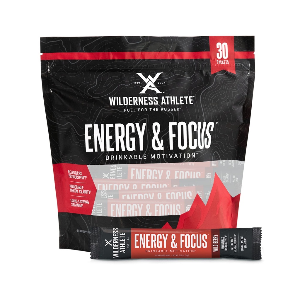 Wilderness Athlete - Energy & Focus Athlete 124; Energy Booster for Women & Men - Energy Drink Mix with Natural Capture - Low- Carb, Zero Sugar Energy Drink Powder - 30 Serving Energy Drink Pakiety (Wild Berry)