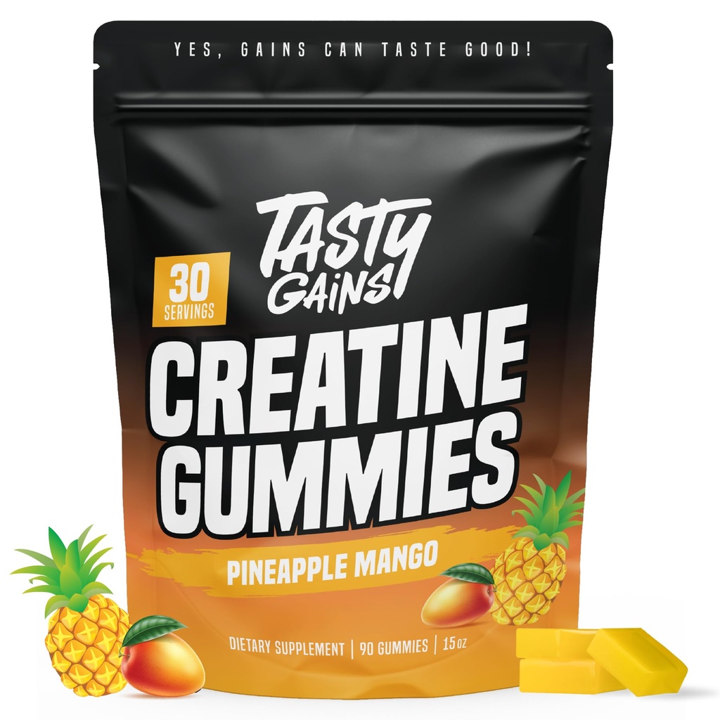 TASTY GAINS Gummies kreacyjne - 90g Monowodzian kreatury - Suplementy do ćwiczeń - Budowanie mięśni i siły boost dla mężczyzn i kobiet - Made in USA - Non GMO - Vegan Friendly (Duży, Ananas Mango)