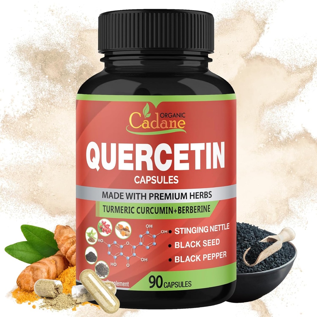 Organiczny Cadane Quercetin Extract Kapsułki, 90kapsułki, 3 Miesiące dostaw z Quercetin, kurkumina turmerowa, Berberine, Nettle, czarny proszek nasiona, czarny pieprz.