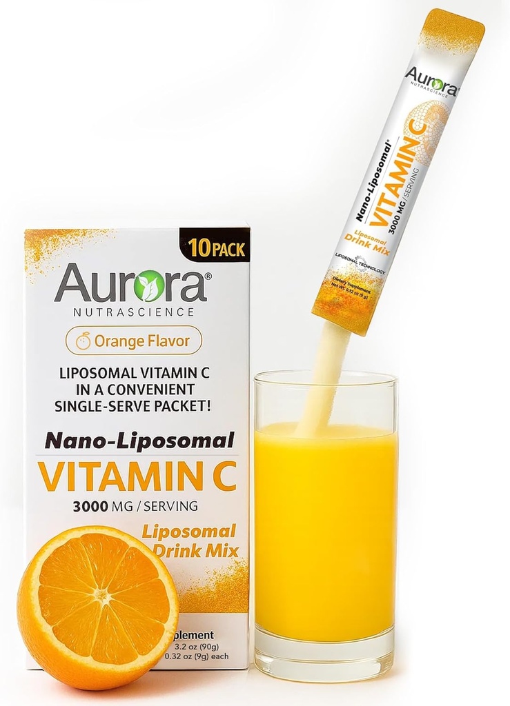 Aurora Nutrascience Nano- Pack Liposomalna Witamina C Picie w proszku Mix, Wsparcie immunologiczne, Wysoka wytrzymałość 3000 mg Na Podawanie 10 Jednoporcjowych opakowań, Pomarańcza