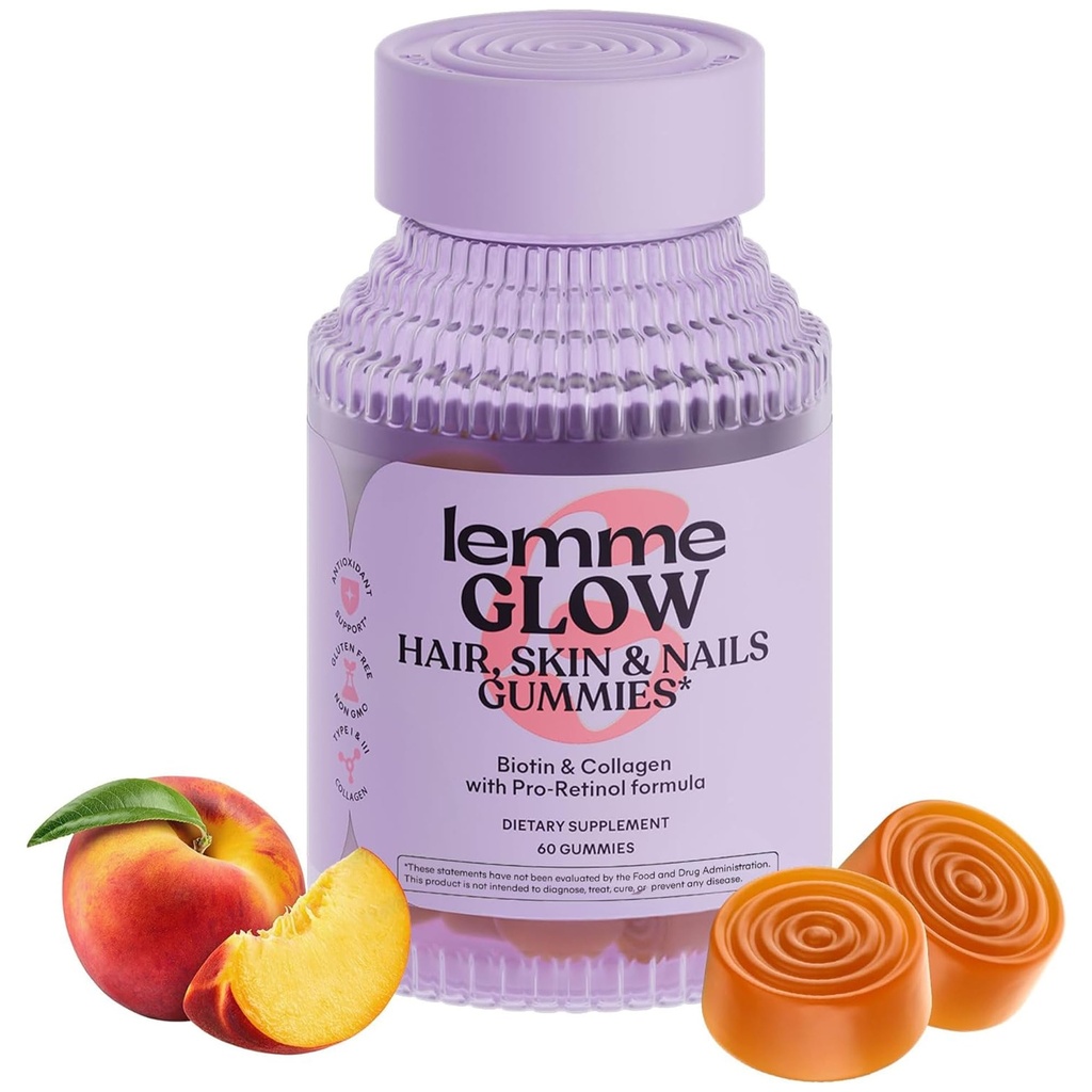 Lemme Glow Kolagen Gummies for Grube Włosy, silne paznokcie i zdrowa skóra z wielokolagenowych peptydów, Biotyna, Minerały śladowe, Cynk, Witaminy A, C & E, Dairy & Gluten Free, Peach Flavor, 60 ct.