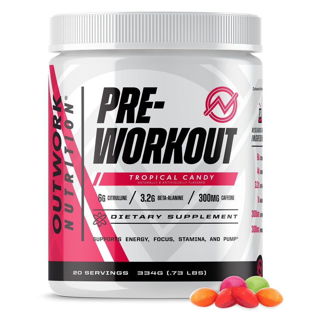 Outwork Nutrition Precuting for Men & Women - Nootropowe wstępne ćwiczenia bez kreatury, Wstępny trening proszku z Tauryne Rhodiola Citruline Malate Beta Alanine Caffeine (Tropical Candy)