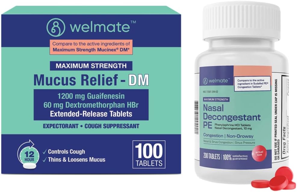 WELMATE Complete Cold & Alergy Relief Kit: Maksymalna moc Decongestant Nasal PE (200 Tablets) & Mucus Relief DM 1200mg Guaifenesin / 60mg DXM (100 Ct) - Non- Drowsy Sinus, Cough, and Congestion Relief