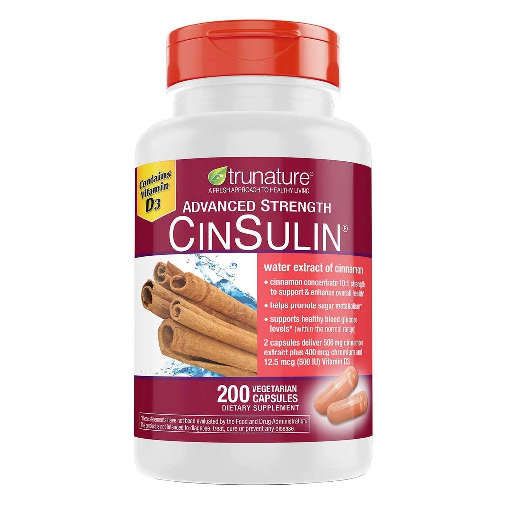 Trunature Advanced Strength CinSulin 500mg., 200 Kapsułki wegetariańskie (2 opakowania)
