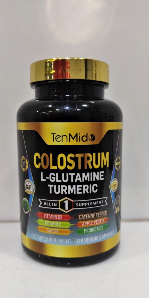 Colostrum Supplement - 10in1 Formuła - Połącz z L - glutamina, kurkuma, Pieprz Cayenne, Jabłko Pektyna, Probiotyki, Ginger, i więcej - Zdrowie pokarmowe, Wsparcie immunologiczne - 120 Kapsułki