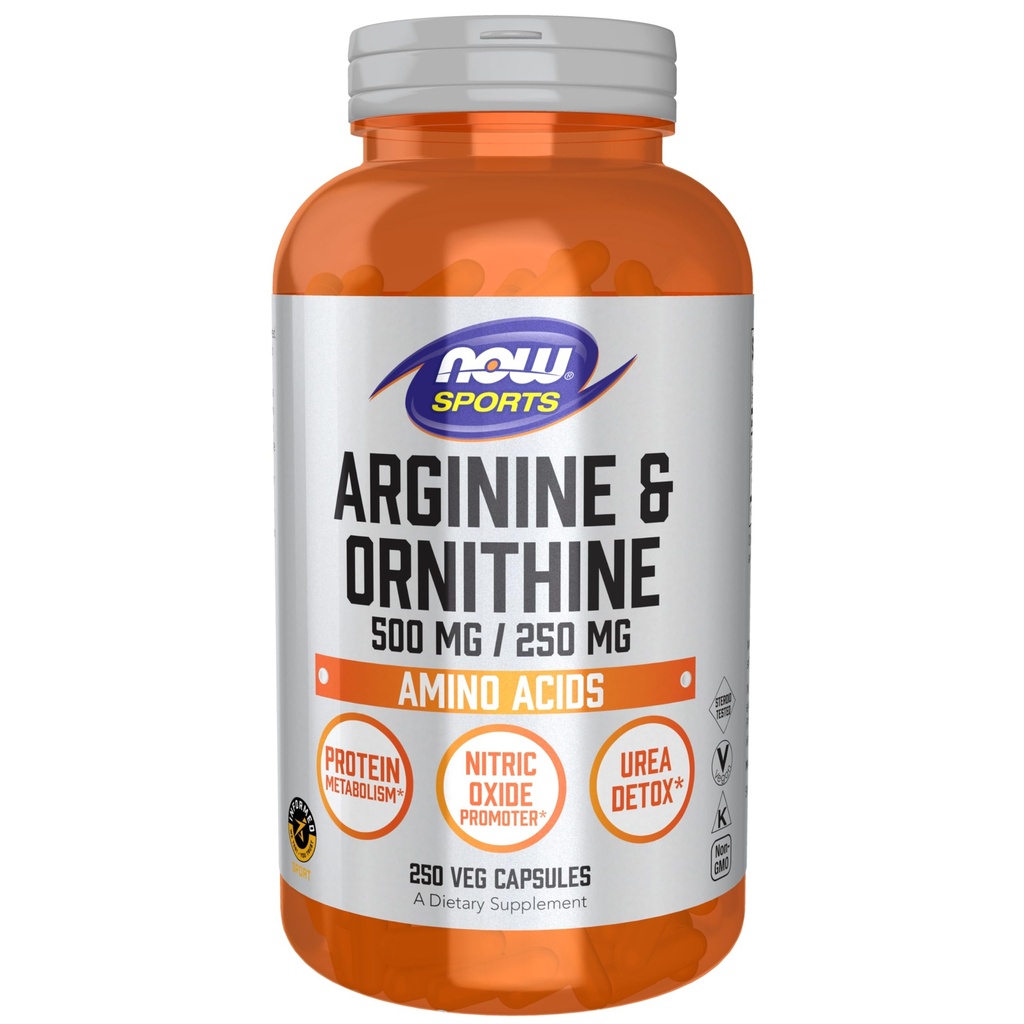Teraz żywność Sport Żywienie, Arginina i Ornityna 500 / 250 mg, Amino Kwasy, 250 Kapsułki Veg