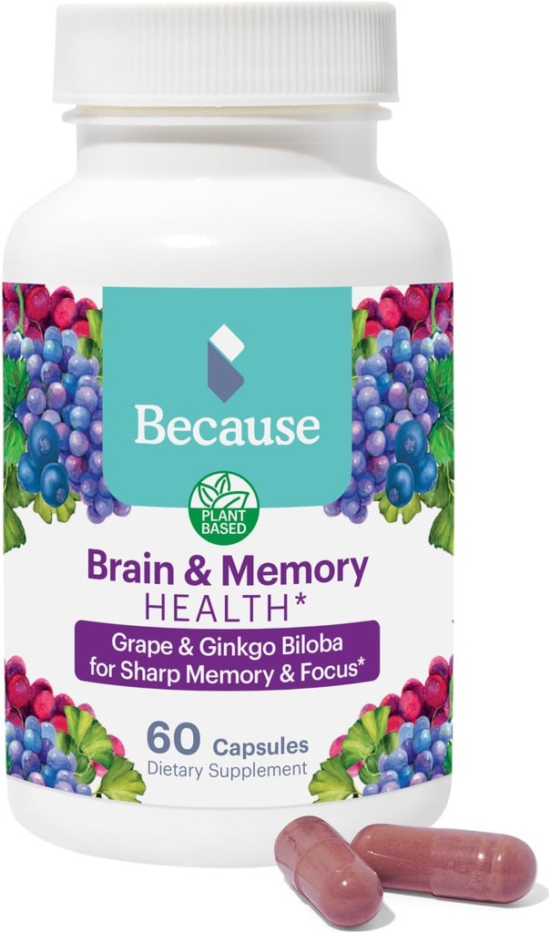 Ponieważ Suplement Mózgu do Pamięci i Skupiania - Proprietary Mieszanka z Ginkgo Biloba - Obsługuje Funkcję Cognitive, Uwaga & Jasność mentalna - Wegan, Gluten- Free, Non-GMO - 740mg Serving - 60 Kapsułki