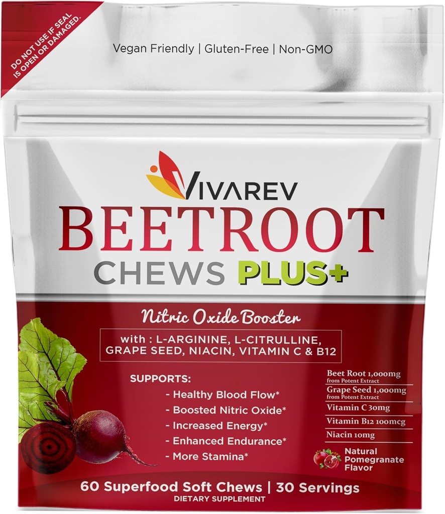 Suplement Tlenek azotu z buraka cukrowego - 1000mg proszek z buraka cukrowego z L argininy, L cytruliny, ekstrakt z nasion winorośli, Niacyna, Witamina C & B12 - Chews z buraków cukrowych - opakowanie 60