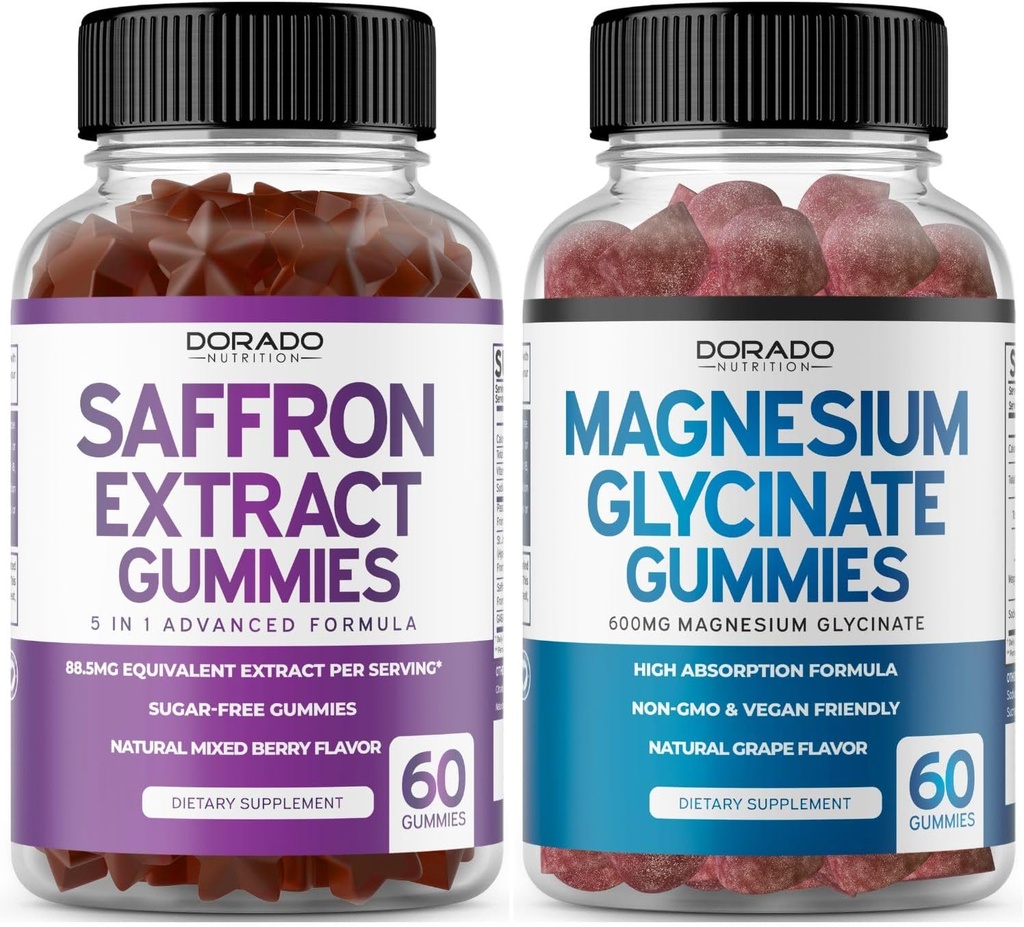 Saffron Supplements (60 Gummies) 5 in 1 Advanced Formula Sugar Free Gummy - Pyszny aromat malinowy i glicynian magnezu (60 Count) Czysty Gummy glicynian dla dorosłych - Non-GMO, Wegan & USA Made