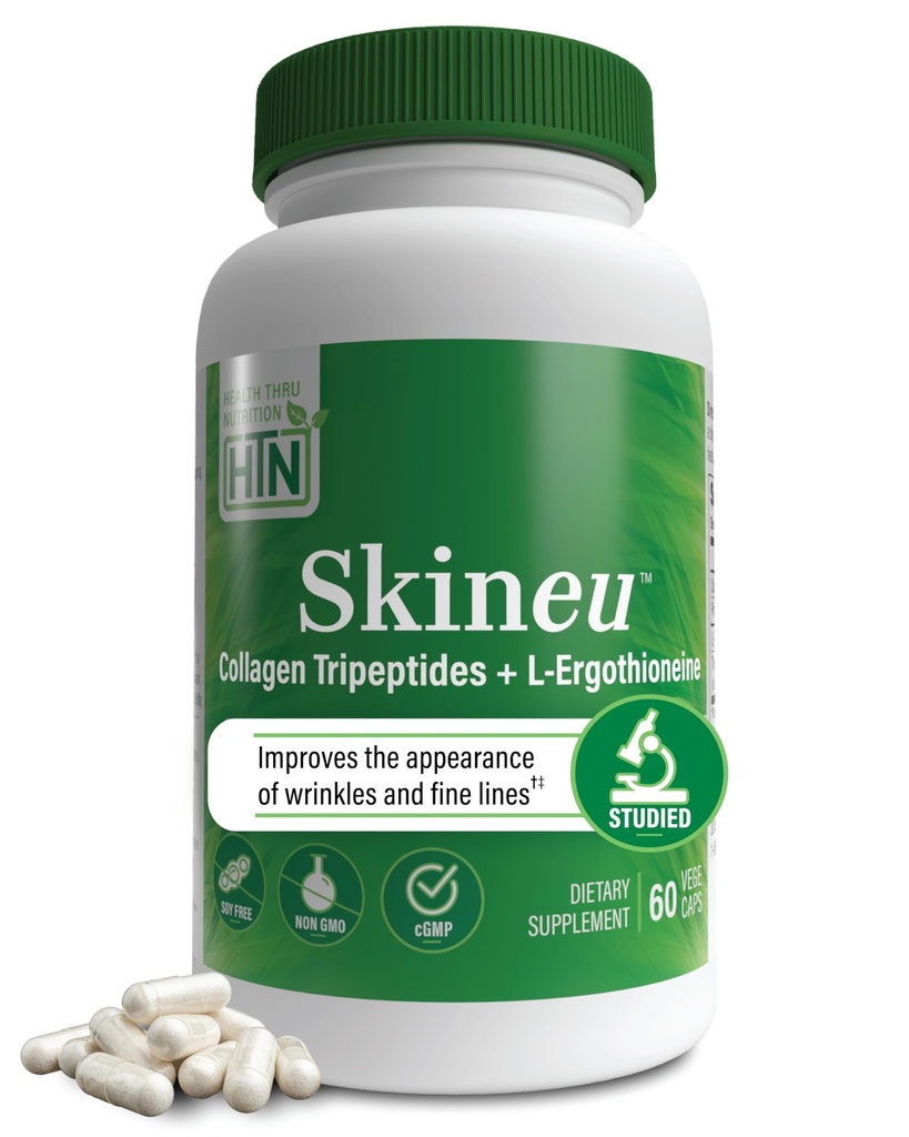 Skineu Collagen Tripeptide + L- Ergotioneine 124; Advanced Anti- Aging Formula Bilans 124; Morikol ® Marine Collagen Bilans 124; Wspiera Nawodnienie skóry, Elastyczność & Wspólne zdrowie 124; Non-GMO & Gluten- Free 124; 60 VegeCapsules