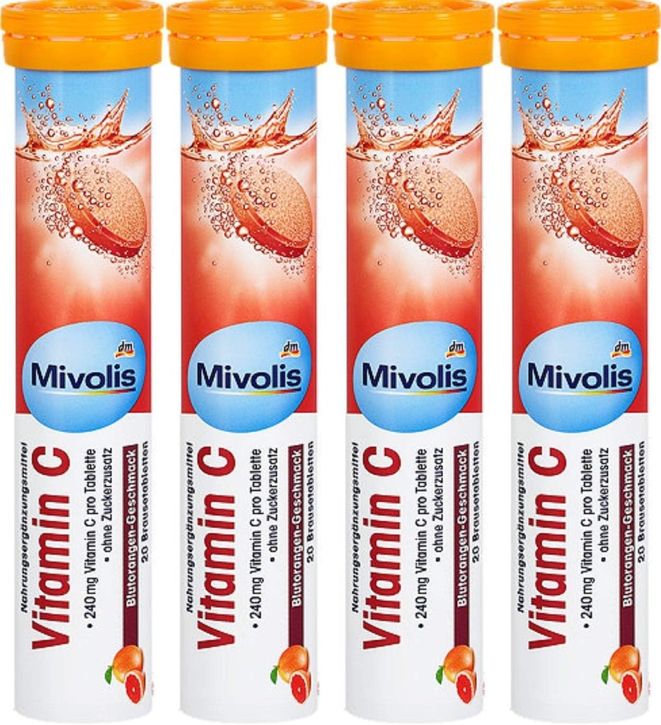 Mivolis Witamina C tabletki musujące - Suplementy diety 4 Opakowania x 20 szt. 124; Niemcy