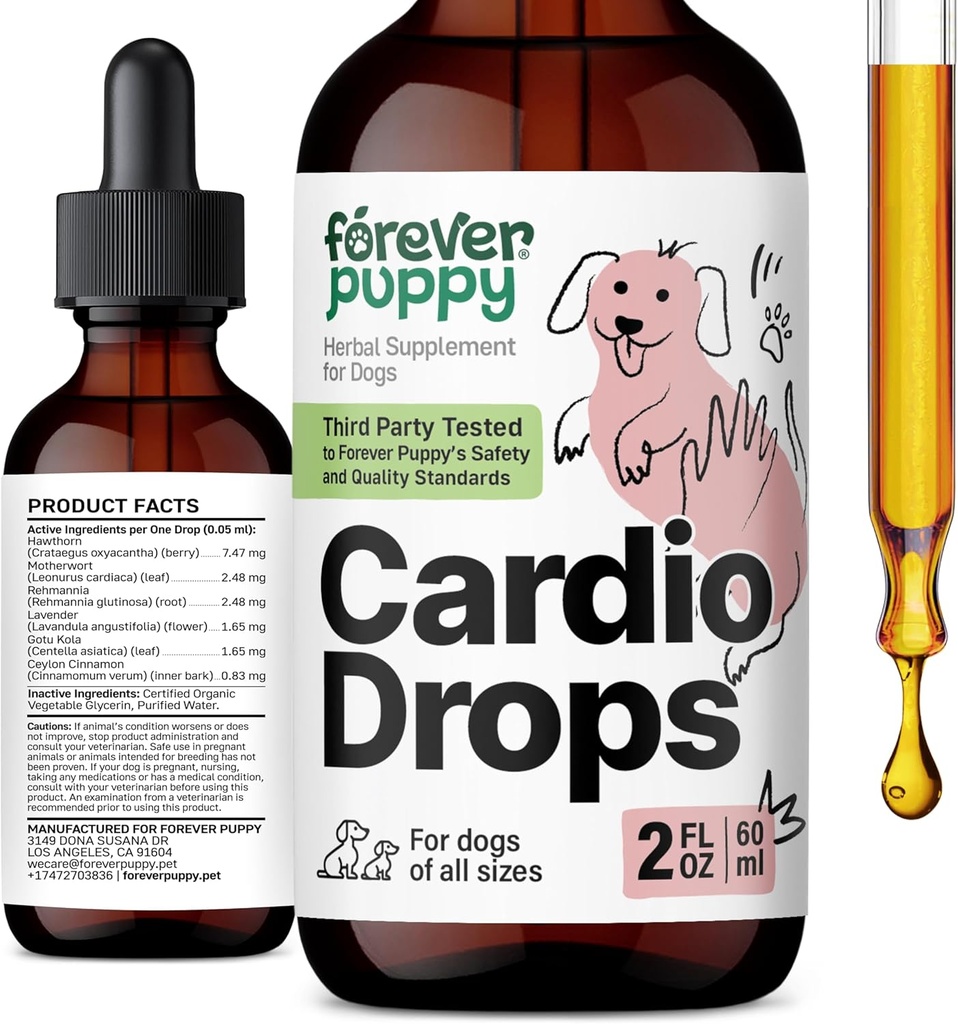 Forever Puppy Cardio Drops for Dogs - Hawthorn Berry & Motherwort Herb - Liquid Antioxidant Supplement with Gotu Kola Leaves & Lavender Extract - 2 fl oz