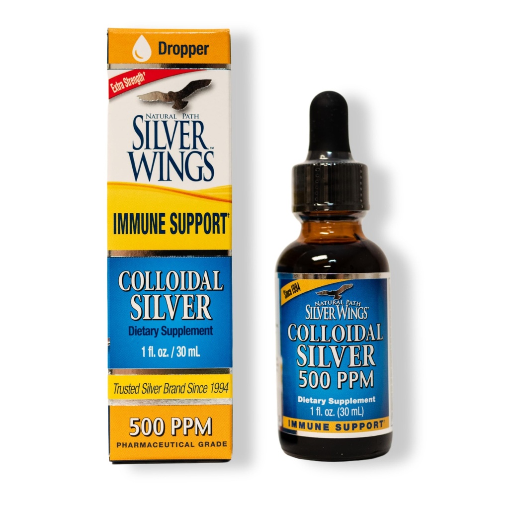 Natural Path Silver Wings Colloidal Silver 500PPM, Amber Brown Liquid Immotive Support, 1 Fl Oz (Opakowanie po 1)