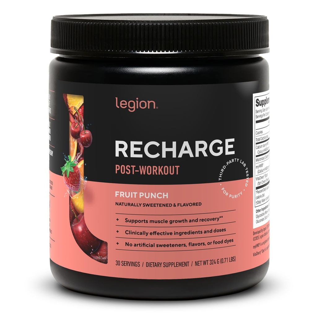 Legion Recharge Post Workout Supplement - All Natural Muscle Builder & Recovery Drink with Micronized Creatine Monhydrate. Naturalnie słodzone i aromatyzowane, bezpieczne i zdrowe (owocowy Punch, 30 Serve)