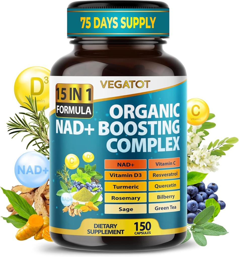 VEGATOT NAD + Kompleks Boosting - NAD Suplementy dla kobiet i mężczyzn 15- in-1 Formuła z Resveratrol Turmeric Quercetin Rosemary Bilberry Sage Zielona herbata