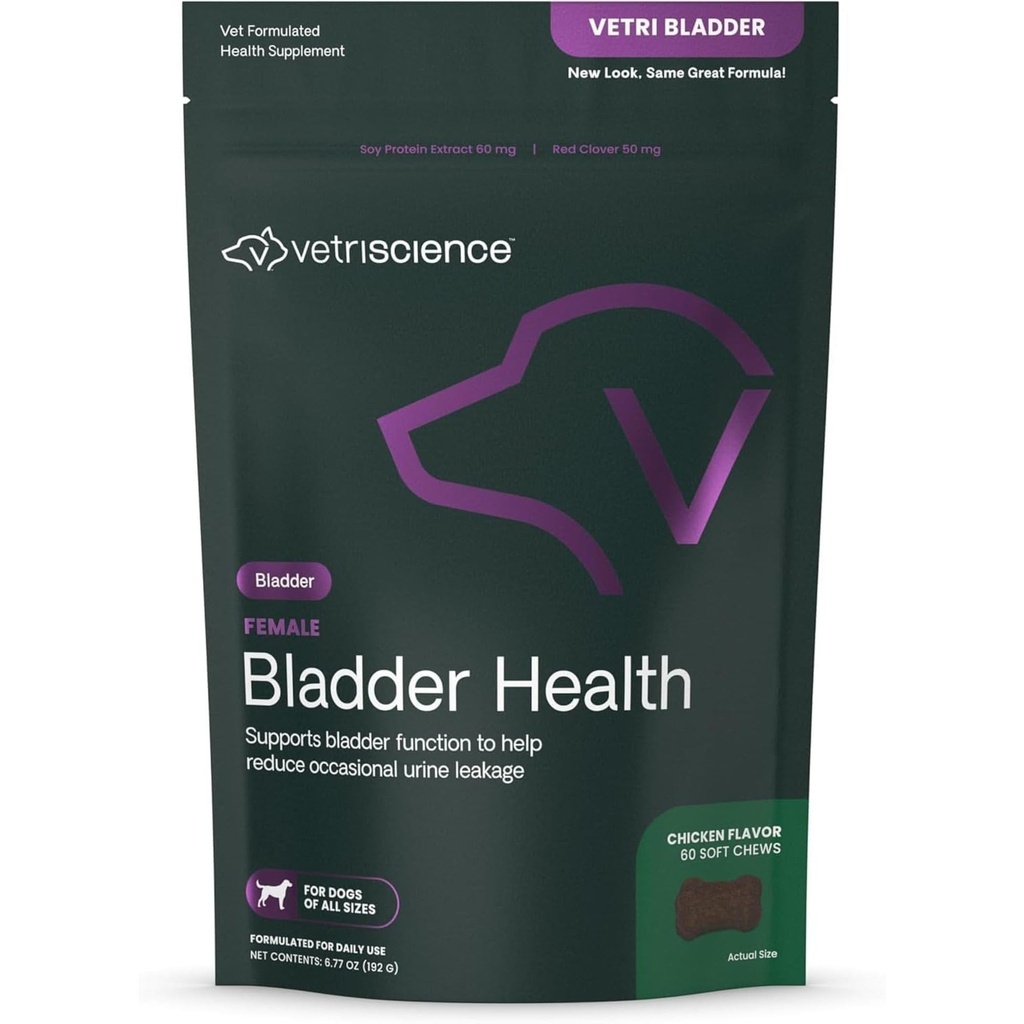 VETRISCIENCE Bladder Health Chews, Vetri Bladder Supplement for Dogs, Wsparcie dla nietrzymania moczu, Zmniejszenie wycieku moczu i nadczynność pęcherza, Białko sojowe i czerwona koniczyna, Kurczak, 60 Hrabia