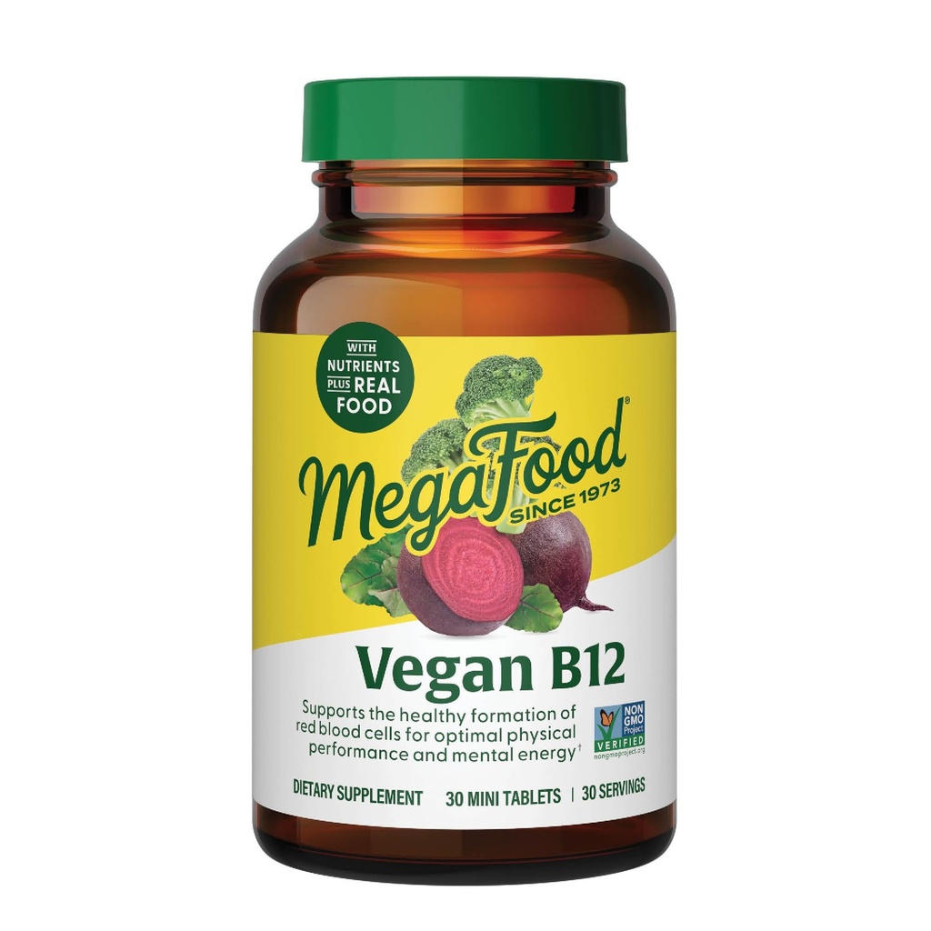 MegaFood Wegan Witamina B12, Suplement witaminy B z witaminą B6, B12 Witaminy i kwas foliowy, Wspiera produkcję energii komórkowej, Zdrowie układu nerwowego i funkcje sercowo-naczyniowe - 30 tabletek