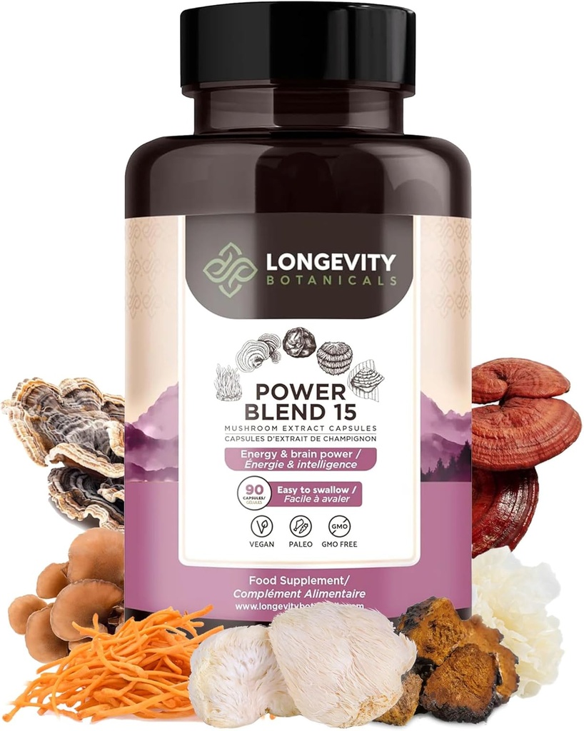 Moc 15 Mushroom Blend Supples Supplement (90) Supples 124; Wysoka wytrzymałość Extract Kompleks 124; Z Lions Mane, Turcja Ogon, Cordyceps, Reishi, Chaga & Tremella Beta- D Glucans 124; Immunity & Vitality Support