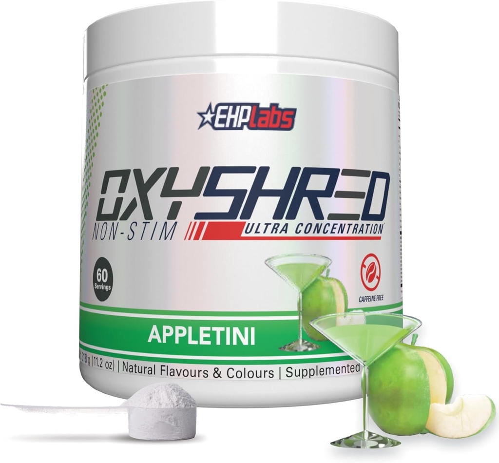 EHP Labs OxyShred Non Stimulant PreWorkout Powder - Stim Free Pre Workout, Kofeina Bezpłatny trening dla mężczyzn i kobiet z L Glutamina i Acetyl L Karnityna - Apple, 60 Służenie