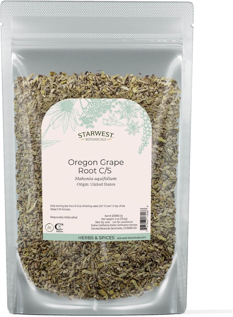 Starwest Botanicals Oregon Grape Root Wildcrafted - Suszony Loose Herb na herbatę, nalewki, Kapsułki, & Salves, Natural Wellness for Women & Men, Cut & Sifted, Certified Kosher, Non-GMO - 4 oz Pouch