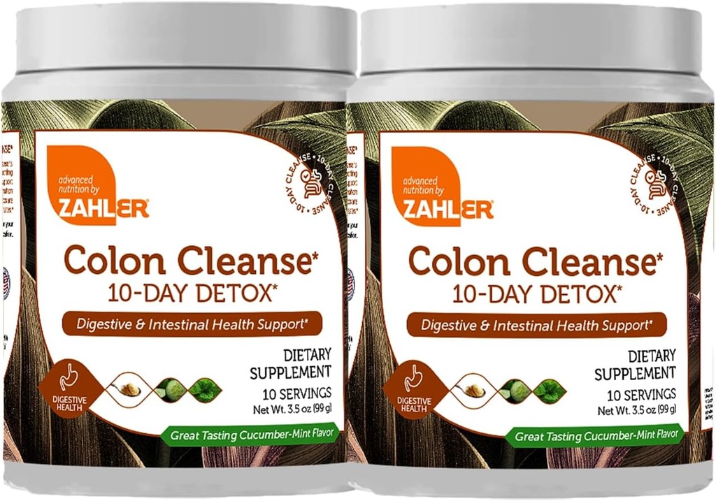 Zahler Colon Cleanse 10- Day Detox Cleanse - Cucumer Mint Flavor - Herbal Digestive Wellness - Colon Cleanser & Detox dla ruchu bydła, Detox ciała, Pomoc trawienna dla kobiet i mężczyzn - 3.5 oz (2 opakowania)