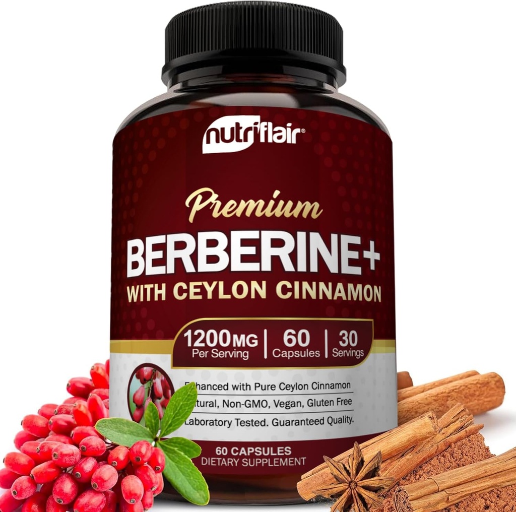 Nutric Flair Premium Berberine HCL 1200mg, 60 Kapsułek - Plus Pure True Ceylon Cynamon, Supplements Pills, Wsparcie układu immunologicznego