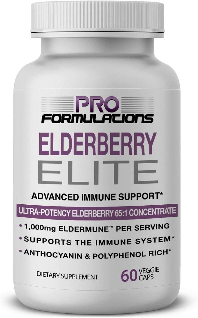 Pro Kombinacje - Elderberry Elite - Najsilniejszy dostępny Ekstrakt Elderberry 65: 1 - Zaawansowane Kapsułki wsparcia immunologicznego - 60 ct - 1000 mg na Serving - Wegetarianin, Brak sztucznych kolorów lub aromatów