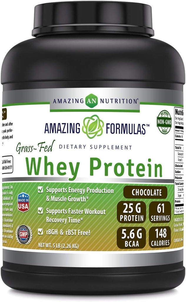 Amazing Formulas Grass- Fed suplement białka serwatki 124; Czekoladowy aromat 124; 25 G protein Per serving 124; Non-GMO Birth124; Gluten- Free Birth124; Made in USA