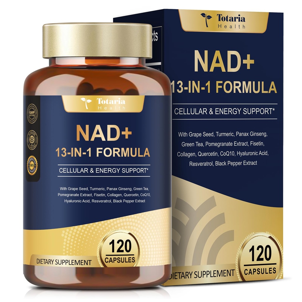 Totaria NAD Suplement dla kobiet Mężczyźni z nikotynamidem ribozyd resweratrol, Quercetin, Betaine Boost NAD + Poziomy NAD Plus Suplement do anty starzenia, Energia, Immune, Focus 120 Kapsułki