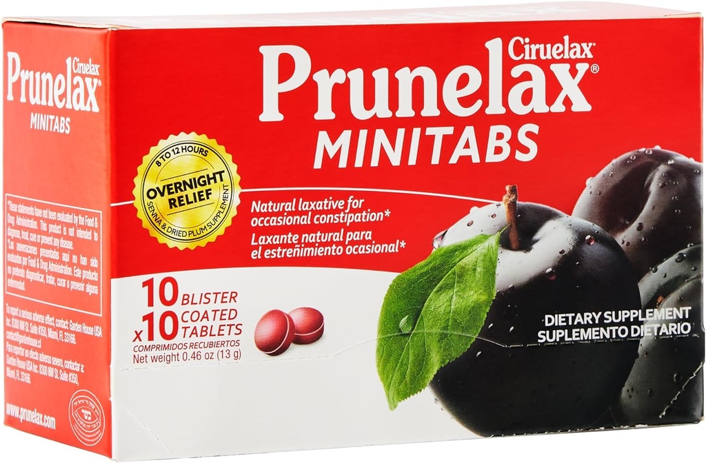 Prunelax Ciruelax Regular Strength Laxative Mini Tablets - Nocna ulga w przypadku sporadycznych zaparć, Senna Extract, Vegan & Gluten- Free, Delikatna ulga - 100ct