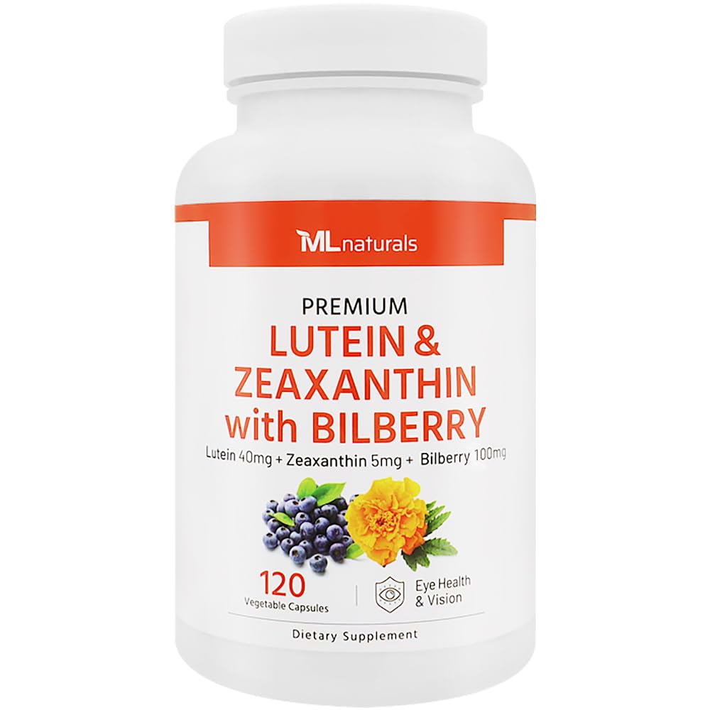 ML Naturals Premium Lutein & Zeaksantyna z Bilberry 120 Kapsułki roślinne. Luteina 40 mg, Zeaksantyna 5 mg i Bilberry 100 mg. Jakość Premium. Healthy Eyes & Vision, NSF- Certified & cGMP- Compliant