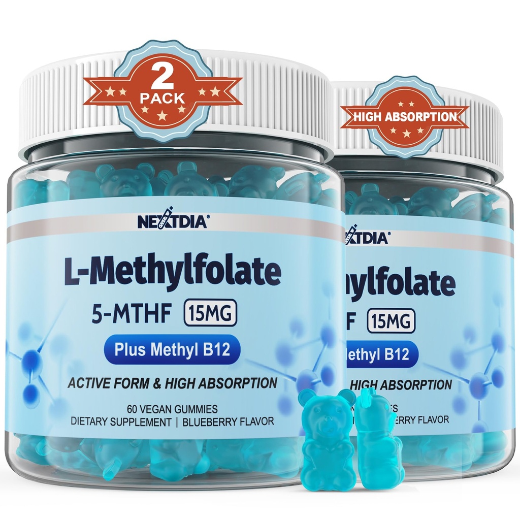 L- MetylFolate 15 mg & Metyl B12 Gumumie, Metylowany B1, B2, B6 Multiwitaminy - Aktywne 5- MTHF & Wysoka Absorpcja - Wspiera MTHFR Gene, Cognition, Homocysteina Poziomy, Metabolizm foliowy, Wegan, 120 Cts