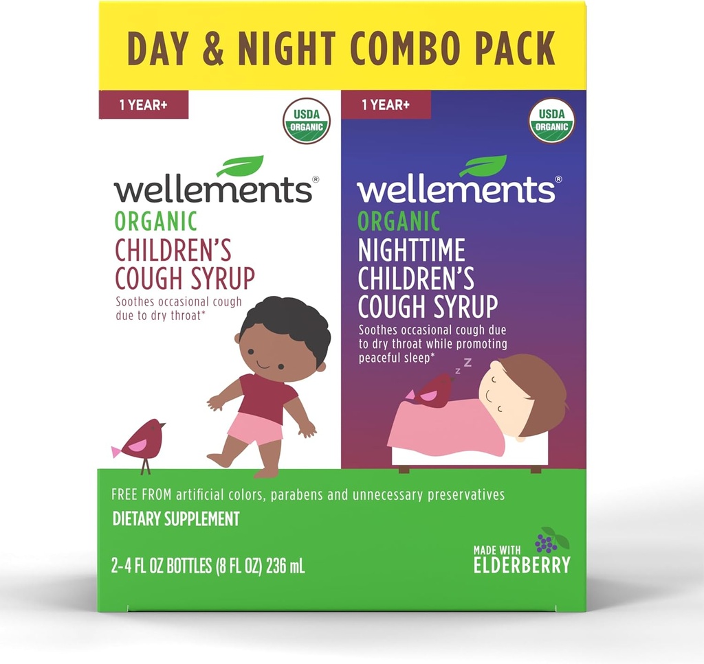Wellements Organic Day & Nighttime Cough Cough Combo Syrop dla dzieci 124; Coothing Daytime & Nighttime Cough Relief USDA Organic Equipment 124; Value Pack (2) 4 Fl Oz. Butelki, 1 Rok +