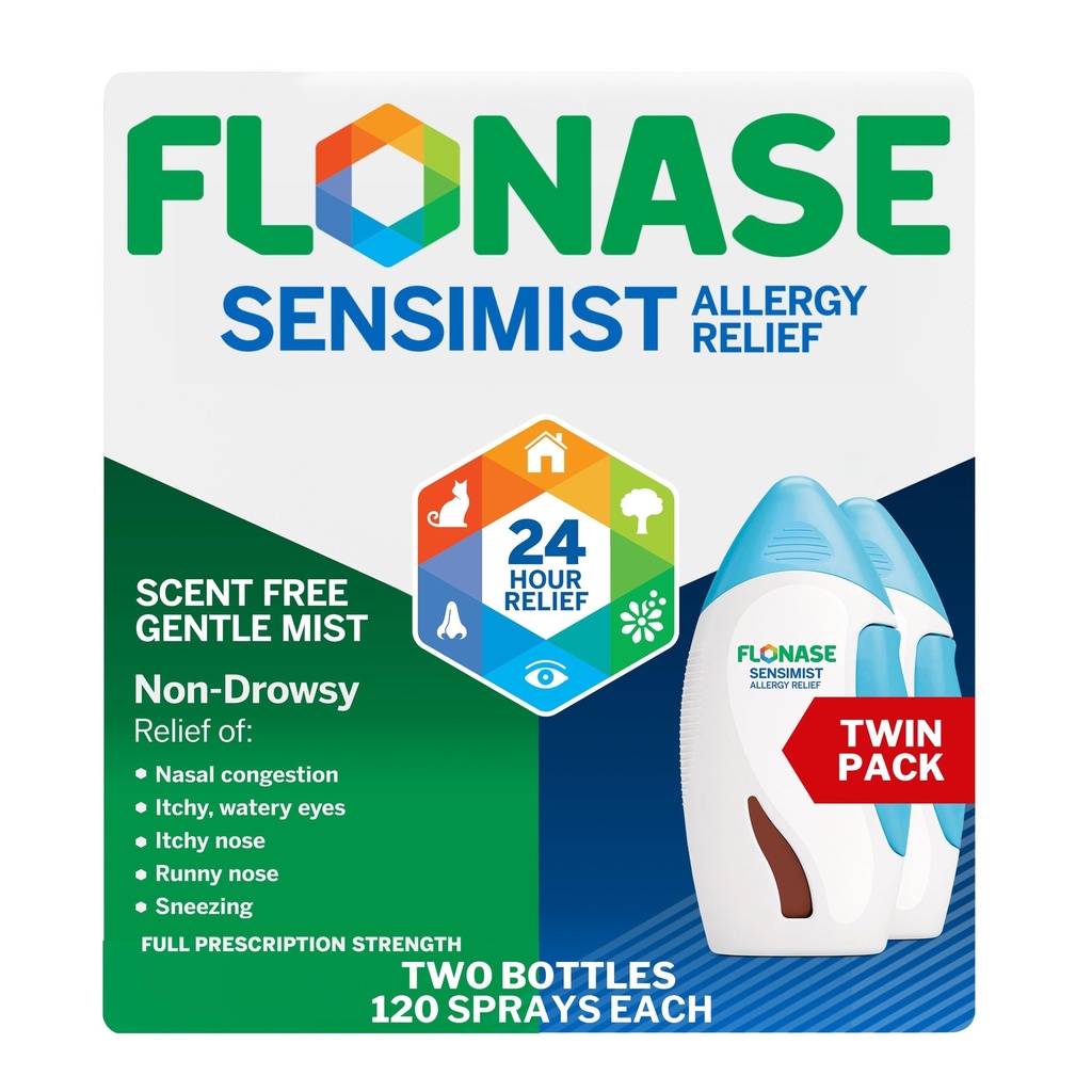 Flonaza Sensimist Ulga alergiczna Nasal Spray dla Non- Drowsy, 24-godzinna ulga alergii wieloobjawowej - 120 Sprays (Opakowanie 2)