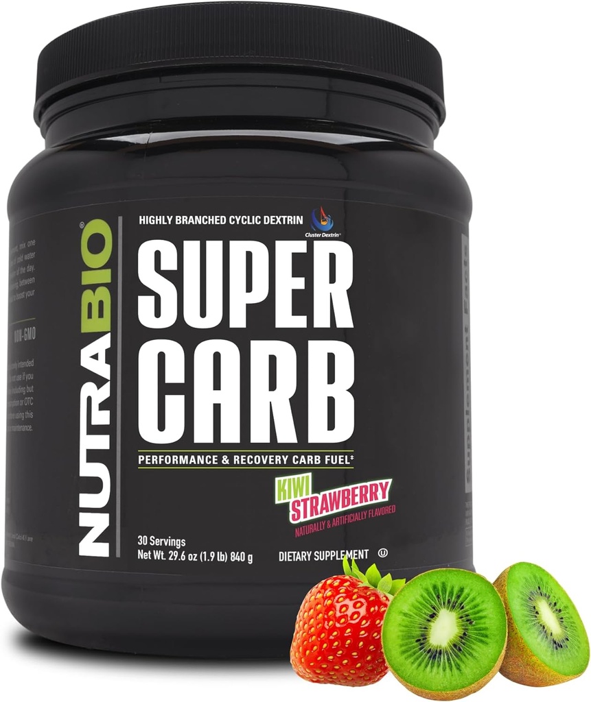 NutraBio Super Carb, Proszek węglowodanowy z klastrem Dekstryny i elektrolitów, Advanced Carb Supplement Proszek do treningu paliwa, Wydajność i Odzyskiwanie Mięśnie, Dekstryna cykliczna, Truskawka Kiwi, 30 Sv