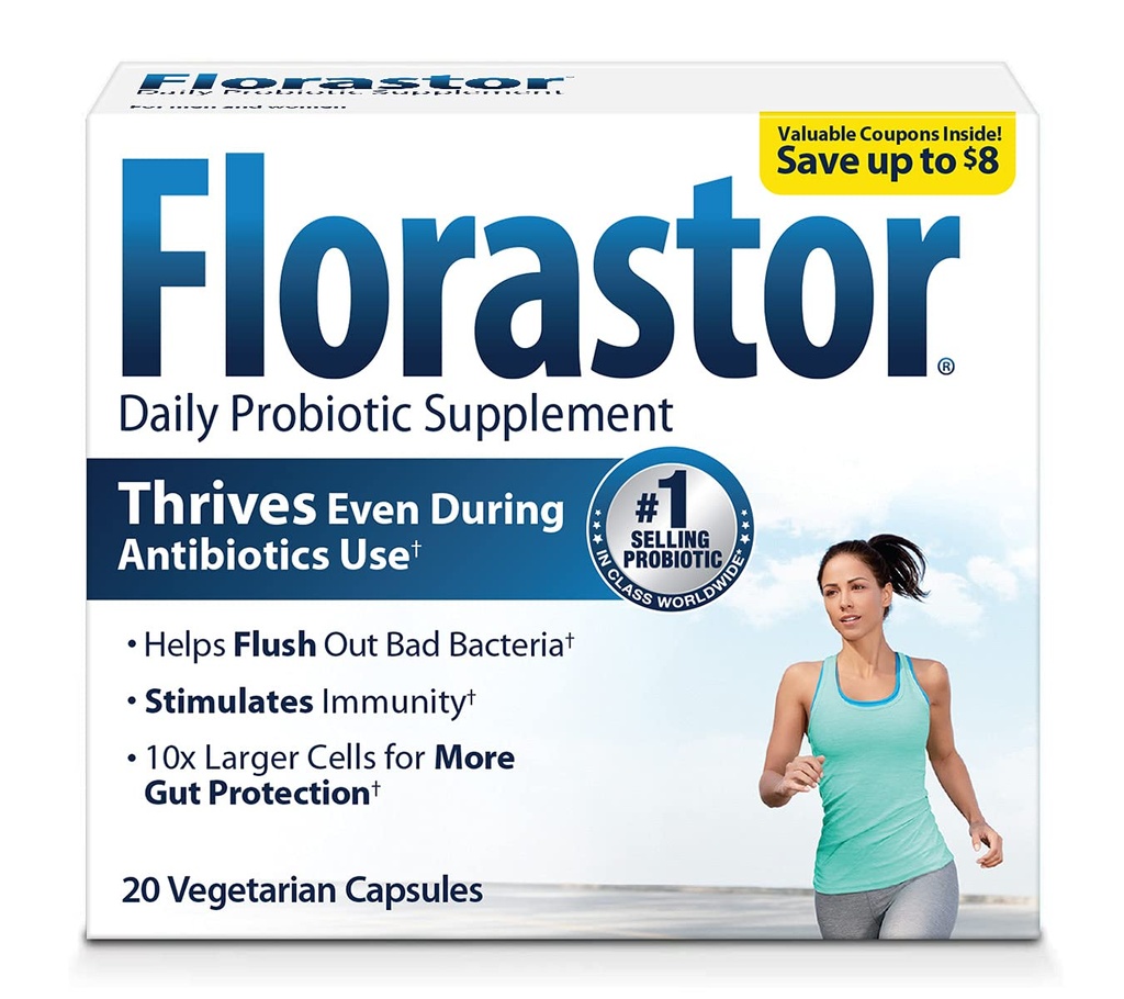 Florastor Probiotyki dla Digestive & Immune Health, 20 Kapsułki, Probiotyki dla Kobiet i Mężczyzn, Podwójne działanie pomaga wypłukać złe bakterie i zwiększa dobro z naszego unikalnego szczepu Saccharomyces boulardii
