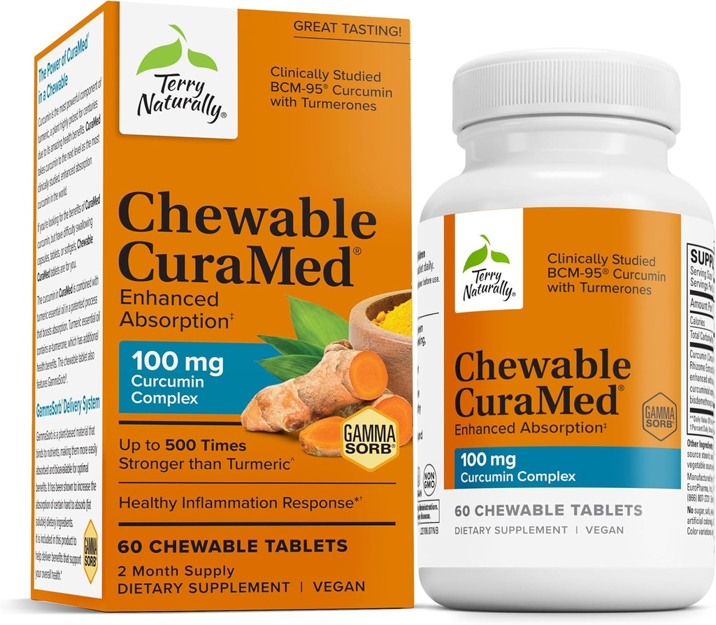 Terry Natural CuraMed 100 mg Curcumin Complex - Enhanced Absorption Curcumin Supplement with Turmeric - Brain & Liver Health Supplement - Vegan Dietetic Supplement - 60 tabletek do żucia