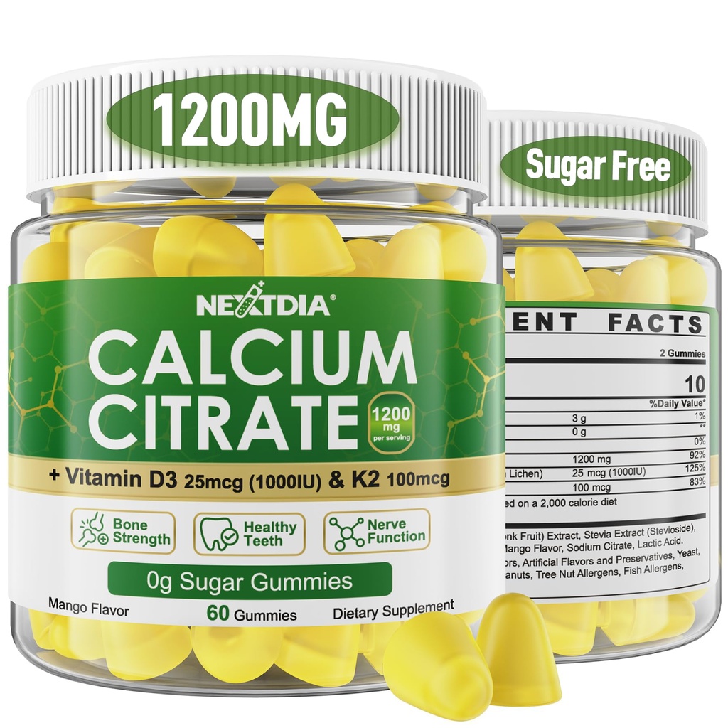 Gummies cytrynian wapnia 1200mg z witaminą D3 K2, suplementy wapnia do żucia dla kobiet i mężczyzn, o dużej mocy wsparcia B0ne, Te * th, Siła & Immune Health, Mango Flavor, Non-GMO, Sugar Free, 120 Cts