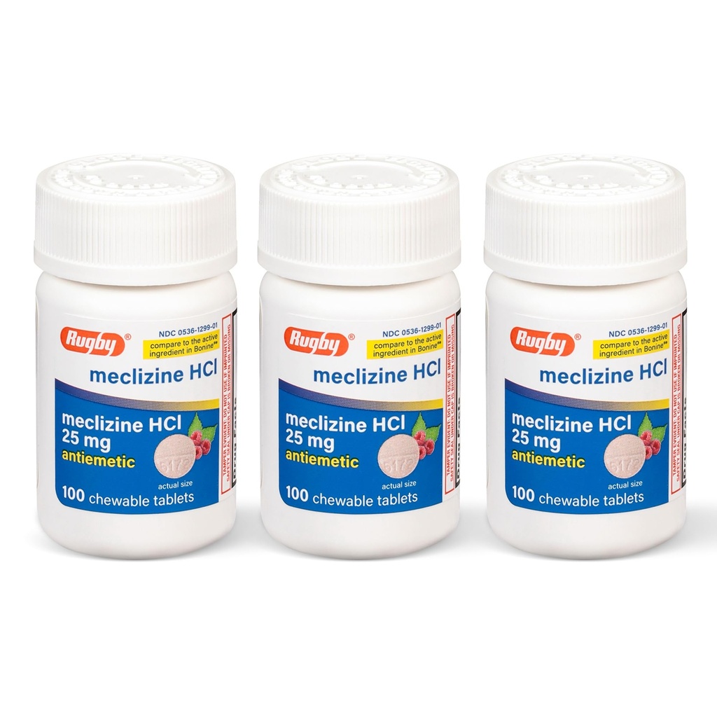 Rugby Meclizine Chewable Tablets 25mg - Leki przeciwwymiotne Pomaga w chorobie ruchowej - 100 Count (3 opakowania)