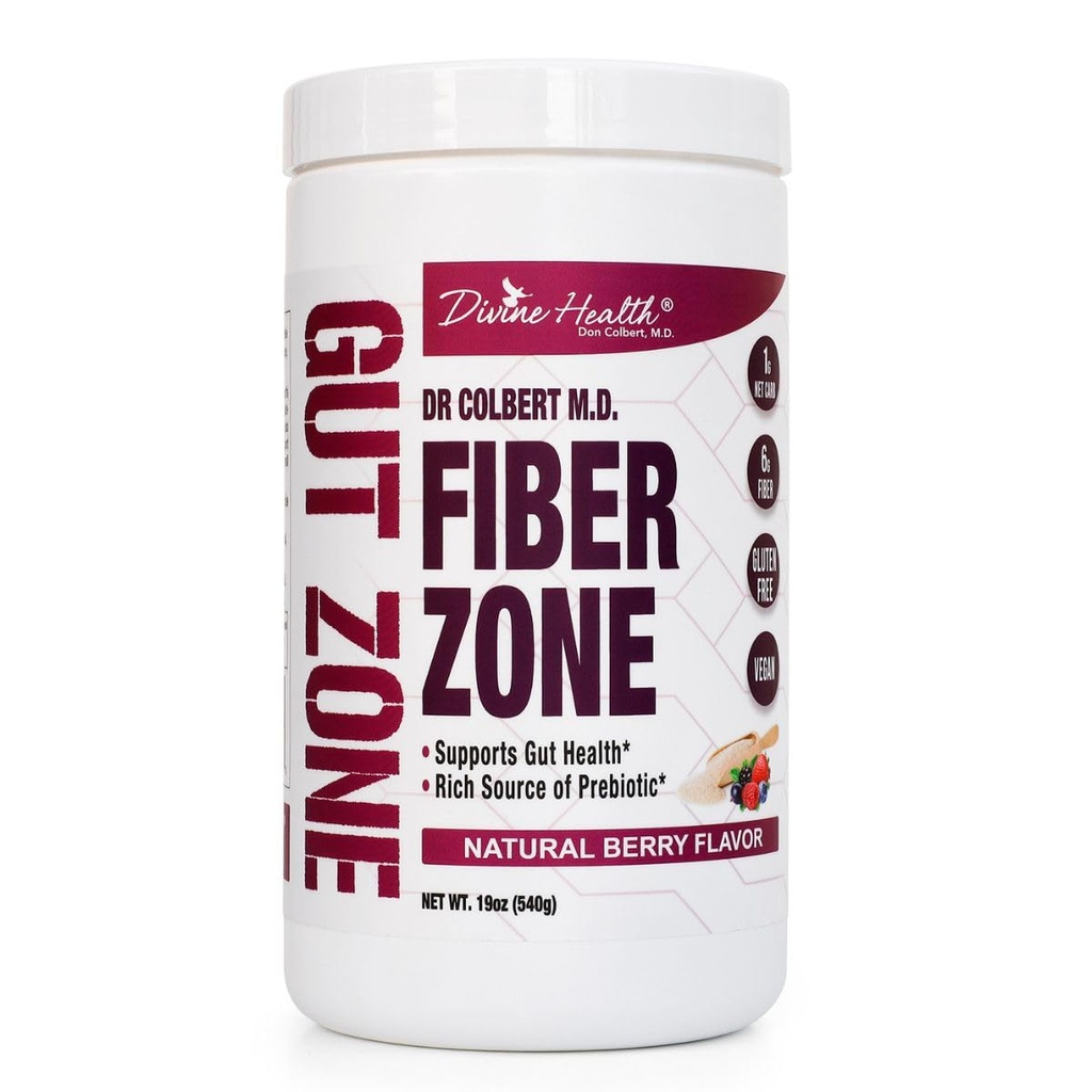 Divine Health Dr Colbert, MD Fiber Zone Powder Building 124; Berry Flavor Prebiotics Building 124; 6g Psyllium Husk & Inulin Fiber Building 124; Recommended in Healthy Gut Zone Book