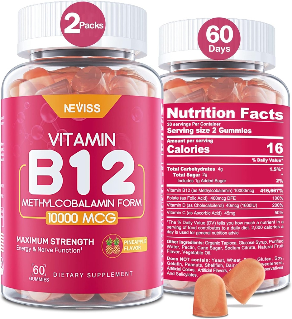 NEVISS Witamina B12 10000 µg (Metyl B12) Gummie z Witaminą D3, B9 Witamina Folate, Witamina C, dla energii Boost & Metabolizm, System nerwowy, Silna kość, Wsparcie immunologiczne, Niski cukier, 120 Liczba